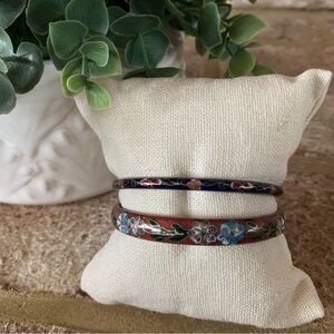 Vintage | Cloisonné Gold, Red & Blue Floral Bangle Bracelet Set | Ceramic